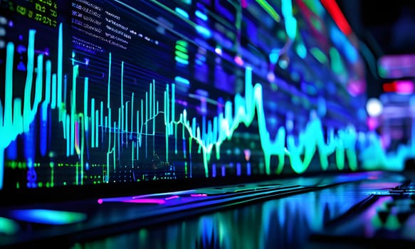 A close-up image of a computer screen displaying stock market data with a blue and green color scheme. The data is shown as line graphs and bar charts. The image is taken from a low angle, showing the screen's reflection on the table below.