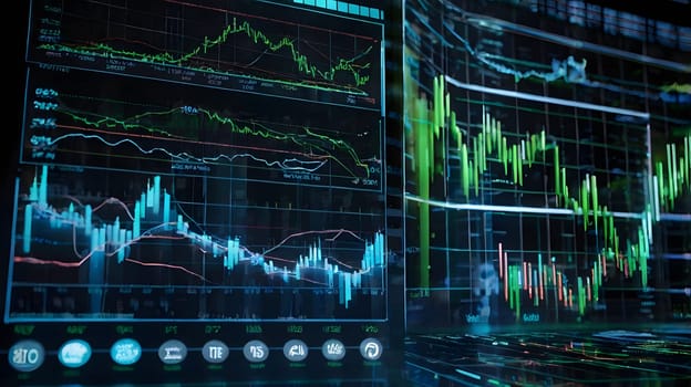 A close-up view of a computer screen displaying financial data, including multiple stock market charts with various indicators and technical analysis tools. The charts show a mixture of green and red lines, representing positive and negative price movements, illustrating the dynamic nature of the financial market.