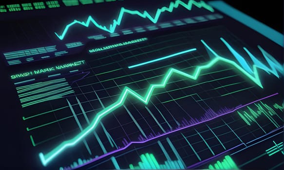 A close-up view of a computer screen displaying a green line chart against a black background. The chart depicts financial data, with multiple lines and gridlines present. The chart is in focus, while the surrounding background is blurred.