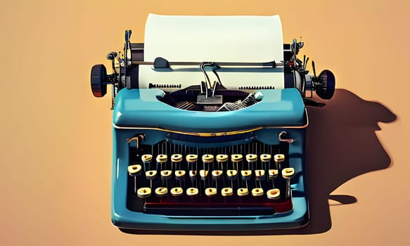 A vintage blue typewriter with a blank sheet of paper resting on the platen. The typewriter is positioned on a tan background and casts a long shadow to the right.