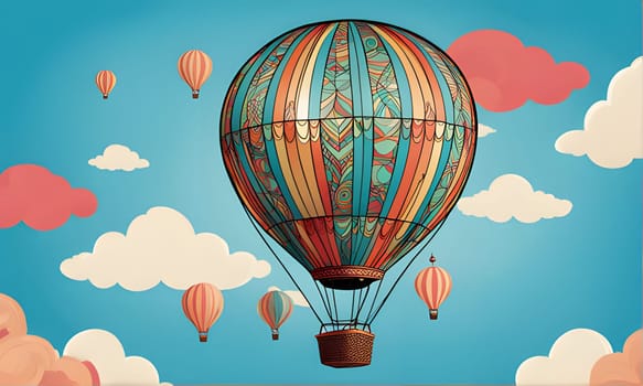 A large, colorful hot air balloon is flying above white and pink clouds in a blue sky. The balloon has an intricate design of stripes and swirls, and is surrounded by other smaller balloons. The sun is shining brightly, and the sky is clear.