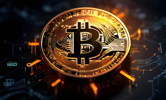 A close-up shot of a golden Bitcoin cryptocurrency coin resting on a circuit board background. The coin is prominently displayed in the center of the image, with the Bitcoin symbol clearly visible.
