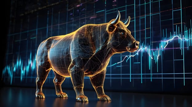 A digital bull stands in the foreground of the image, while a stock market chart is shown in the background. The bull is depicted as a wireframe model, made up of glowing, connected lines. The chart behind the bull shows a rising trend, with a blue line that represents increasing prices.