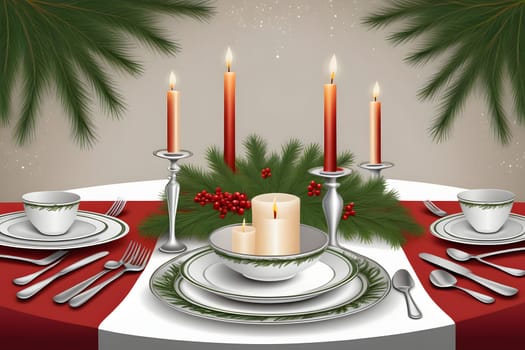 A white tablecloth with a red runner is set for a formal Christmas dinner. The center of the table is decorated with a green garland, red berries, and five lit candles. The garland drapes over the edge of the table and is surrounded by white plates, silverware, and two white bowls.
