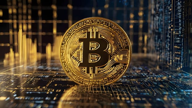 A close-up shot of a single gold Bitcoin coin sitting on a digital circuit board. The coin is in focus, while the circuit board is blurred in the background, suggesting a digital landscape.