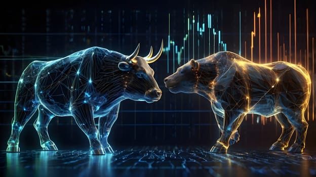 A stylized, digital bull and bear stand facing each other against a glowing background of a stock market chart. The bull is rendered in blue and green colors, while the bear is rendered in yellow and orange colors. The animals are composed of interwoven lines and dots, giving them a futuristic and technology-driven appearance.