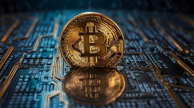 A single gold Bitcoin coin sits on a circuit board, its reflection visible below. The coin is in focus, with the circuit board slightly blurred in the background. The image suggests the digital nature of Bitcoin and its reliance on technology.