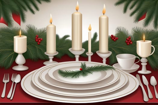 A Christmas table setting featuring a stack of white plates, a sprig of evergreen, and five lit candles in white candle holders. The table is decorated with a garland of evergreen and red berries, suggesting a festive holiday meal.
