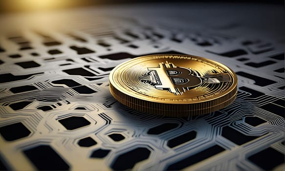 A golden Bitcoin cryptocurrency coin rests on a circuit board, illuminated by a warm light. The intricate details of the coin's design are visible, along with the complex lines and patterns of the circuit board.