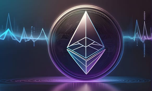 A stylized illustration of the Ethereum cryptocurrency coin symbol, depicted as a glowing purple and blue diamond shape with a circular outline, is positioned on a reflective digital surface, with a faint purple and blue waveform in the background. The symbol is brightly illuminated, casting a reflection on the surface below.