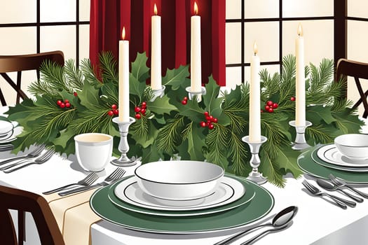 A white tablecloth is set with a green charger, white plates, and silverware. In the center of the table, a centerpiece of evergreen boughs with red berries is adorned with lit candles in silver holders.