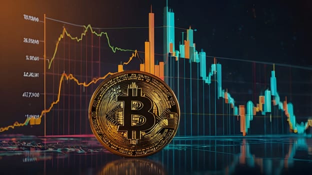 A physical Bitcoin coin sits on a reflective surface in front of a computer screen displaying a candlestick chart of cryptocurrency prices. The chart shows significant volatility, with both upward and downward price movements.