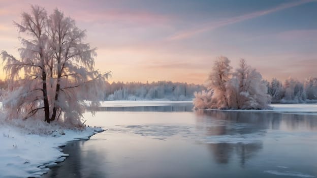A tranquil winter scene unfolds with a pale pink and orange sunrise illuminating a snow-covered river and forest. The trees stand tall, their branches adorned with frost, reflecting the soft light of the dawn. The frozen river's surface glistens with ice and reflects the vibrant colors of the sky.