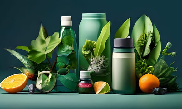A still life featuring four bottles and a container, all in shades of green, against a blue-green backdrop. The bottles and container are surrounded by leafy tropical plants and citrus fruits, including an orange and a lime.