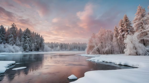 A frozen river winds through a snowy forest at sunrise. The trees are covered in a thick layer of frost, and the sky is a vibrant pink and orange. The reflection of the sky in the water creates a beautiful and serene scene.