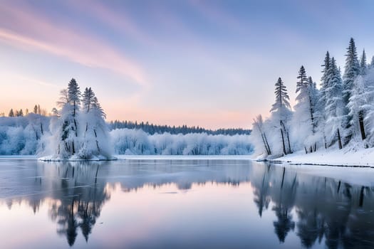 A tranquil winter landscape with a frozen lake reflecting the sky and snow-covered trees on the banks. The sun is setting, casting a warm glow on the snow and trees, creating a peaceful and beautiful scene.