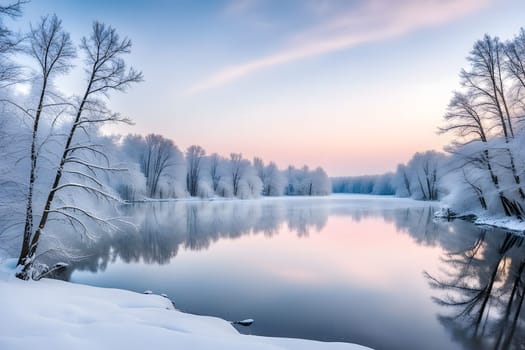 The image captures a serene winter scene with a still river reflecting the colors of a soft sunrise. A line of snow-covered trees stretches along the opposite bank, their branches reaching towards the sky. The foreground features a snow-covered bank and the calm surface of the water, creating a peaceful and idyllic landscape.