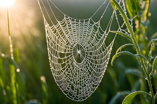 A spiderweb, glistening with morning dew, hangs between blades of grass. The sun shines through the delicate web, illuminating the intricate pattern of silk threads.