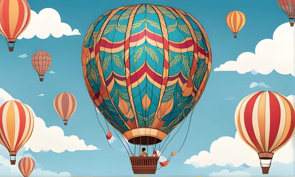 A large, ornate hot air balloon with a patterned design ascends against a bright blue sky filled with fluffy white clouds. The balloon is carrying two passengers in a basket below. Several other hot air balloons, smaller in size but equally vibrant, drift peacefully in the distance.