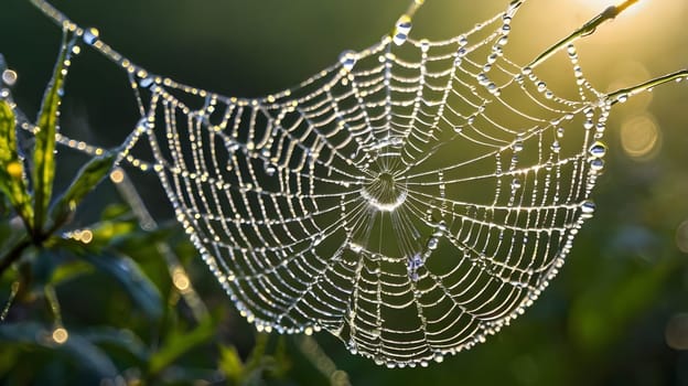 A spider web, covered in morning dew, hangs between green plants. The sun shines through the delicate strands, creating a shimmering effect.