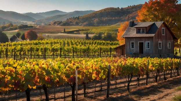 A rustic farmhouse with a wooden facade stands amidst a picturesque vineyard, bathed in the warm glow of autumn. Rows of grapevines with vibrant yellow and red foliage extend towards the horizon, while rolling hills in the background are painted in hues of fall foliage. The clear blue sky and the golden sunlight illuminate the scene, creating a serene and idyllic landscape.
