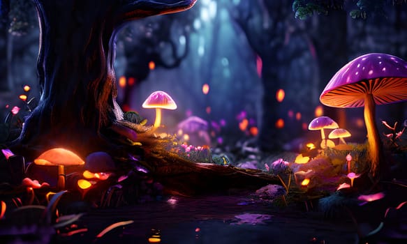 A cluster of bright, bioluminescent mushrooms illuminate the dark forest floor. The air glows with ethereal light, reflecting off the bark of a towering tree trunk.