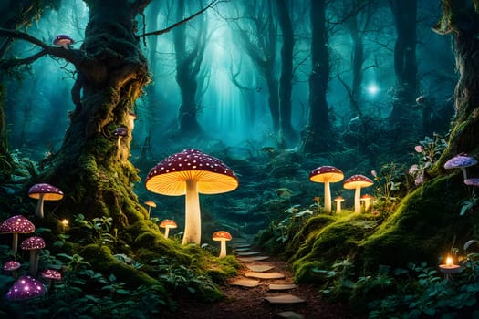 A stone pathway winds through a dark and enchanting forest, illuminated by the soft, warm glow of numerous glowing mushrooms. The path leads towards a distant light source, hinting at a hidden destination within the mystical woods.