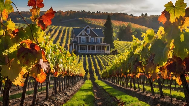 Rows of grapevines with autumnal leaves line a path leading to a farmhouse situated on a hillside, the surrounding landscape displaying a vibrant palette of fall colors.