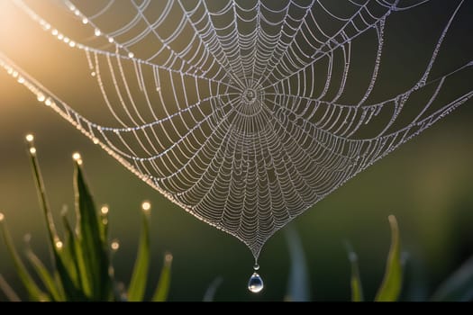 A spiderweb hangs between blades of grass, glistening with dew drops in the early morning light. The sun shines through the intricate web, casting a warm glow on the delicate threads.