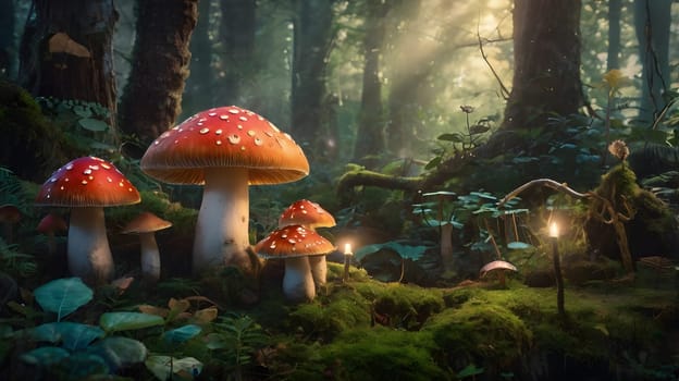 A group of red and white mushrooms with white stems stand in a dark forest at dusk. The mushrooms are lit by a soft, golden light. The forest is full of green foliage and moss, creating a mystical and enchanting atmosphere.