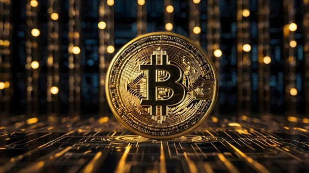 A gold Bitcoin coin sits on a circuit board with a blurred background of rows of golden lights. The Bitcoin coin is in focus and shows the Bitcoin symbol in the center.
