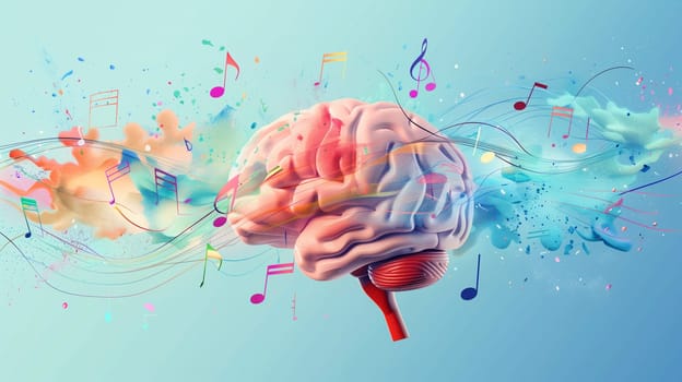 Human brain with vibrant melody wave and music notes, self care and mental health concept, positive thinking, creative mind