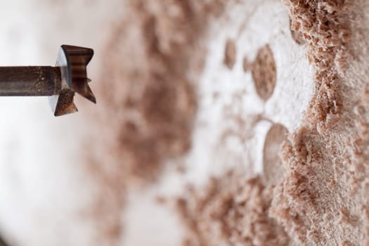 Drilling with a forstner bit creates sawdust in wood, capturing craftsmanship in a workshop. Perfect for showcasing woodworking, construction, and diy projects