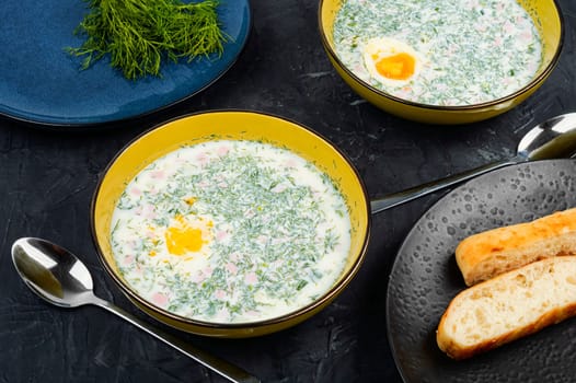 Cold soup with fresh cucumbers, sausage, broth and sour cream