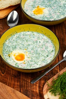 Cold soup with fresh cucumbers, sausage, broth and sour cream