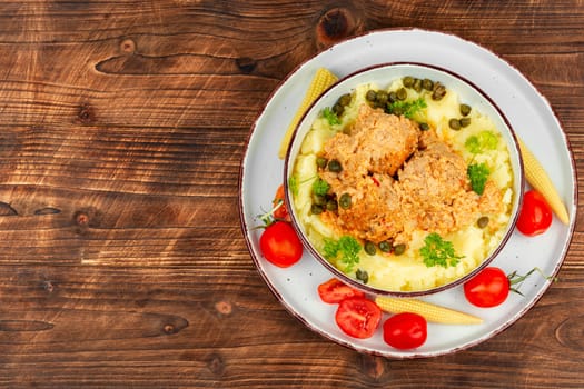 Dietary steam RICE meatballs and mashed potatoes on the plate. Space for text.