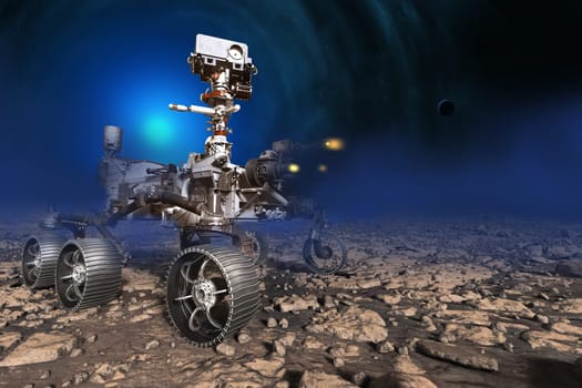 Space digital art, mars rover on mars surface. planet texture furnished by NASA,