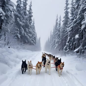 Dog team pulls a sleigh in the depths of Alaska
