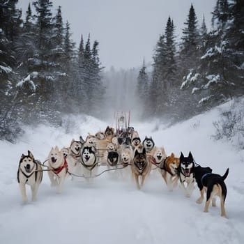 Dog team pulls a sleigh in the depths of Alaska
