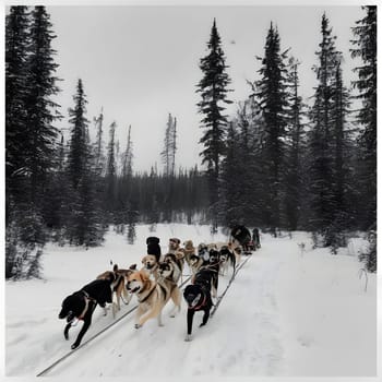 Dog team pulls a sleigh in the depths of Alaska