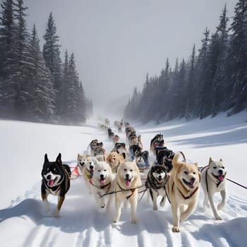 Dog team pulls a sleigh in the depths of Alaska