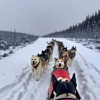 Dog team pulls a sleigh in the depths of Alaska