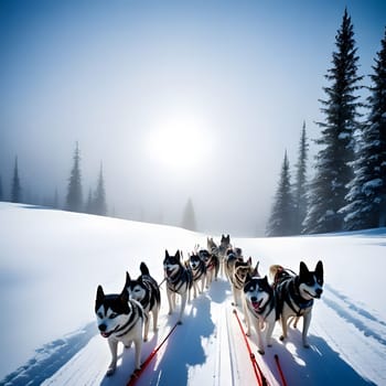 Dog team pulls a sleigh in the depths of Alaska
