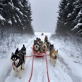 Dog team pulls a sleigh in the depths of Alaska