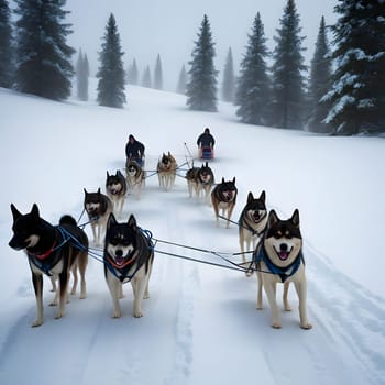 Dog team pulls a sleigh in the depths of Alaska