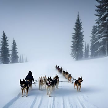 Dog team pulls a sleigh in the depths of Alaska
