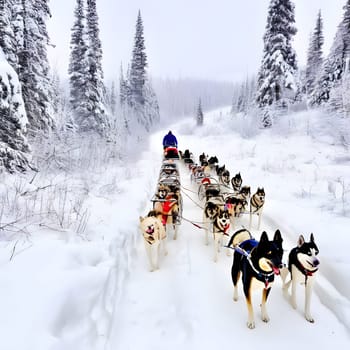 Dog team pulls a sleigh in the depths of Alaska