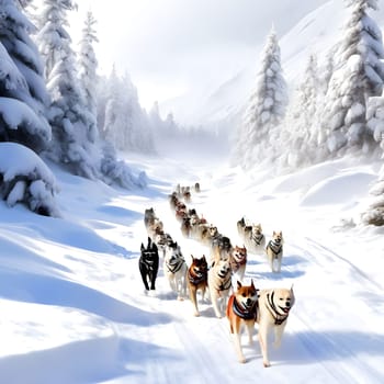 Dog team pulls a sleigh in the depths of Alaska