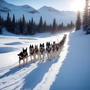 Dog team pulls a sleigh in the depths of Alaska