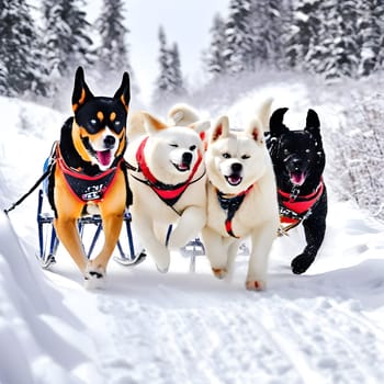 Dog team pulls a sleigh in the depths of Alaska
